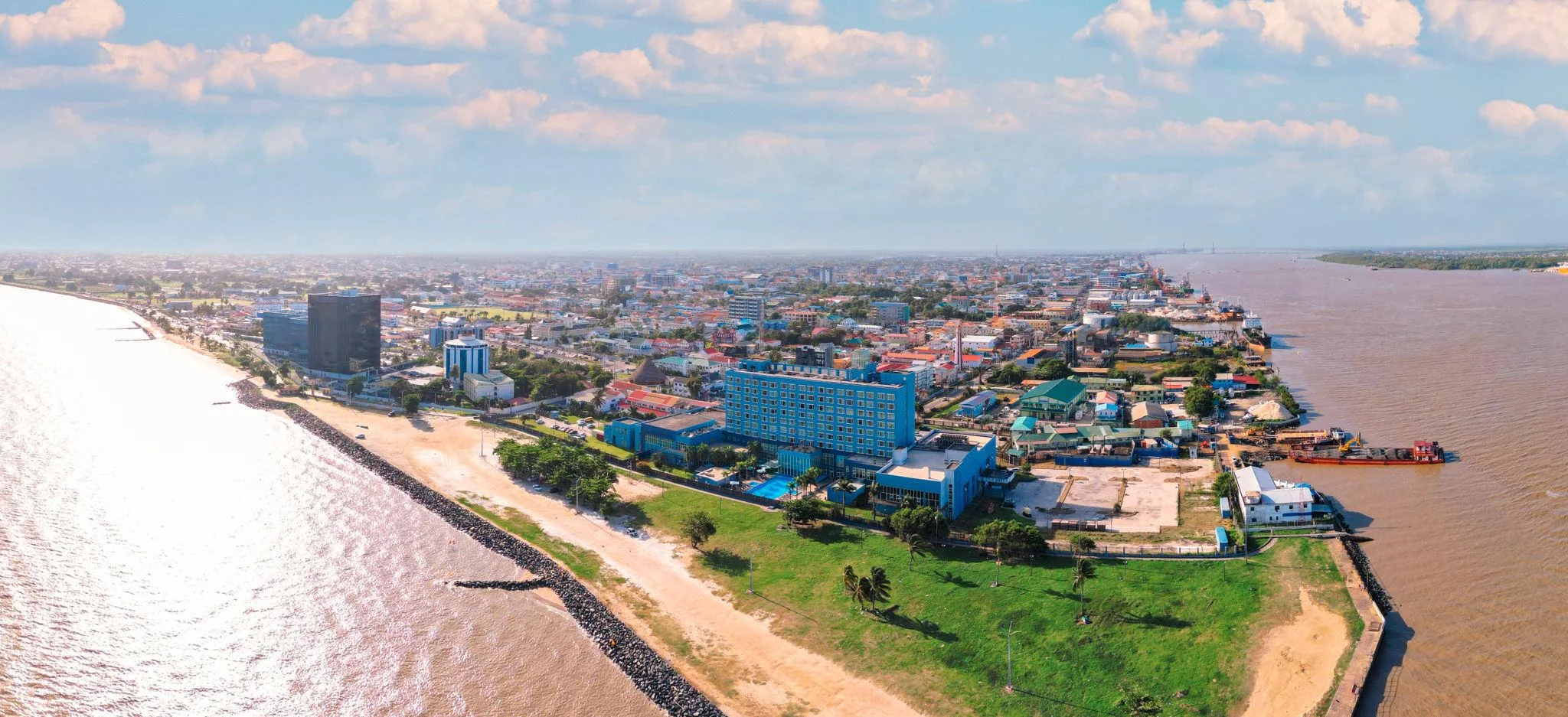 Aerial view of Georgetown, Guyana waterfront and urban development
